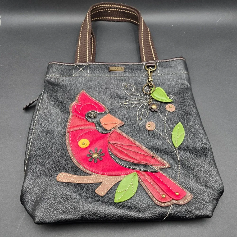 Chala Handbags Cardinal Bird Large Tote Black Vegan Leather Shoulder Bag